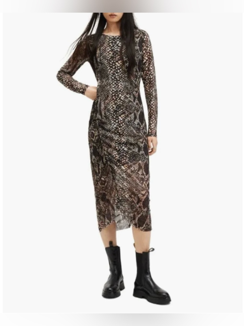 AllSaints Nora Waimea Long Sleeve Dress,  mesh bodycon midi dress snake print 2